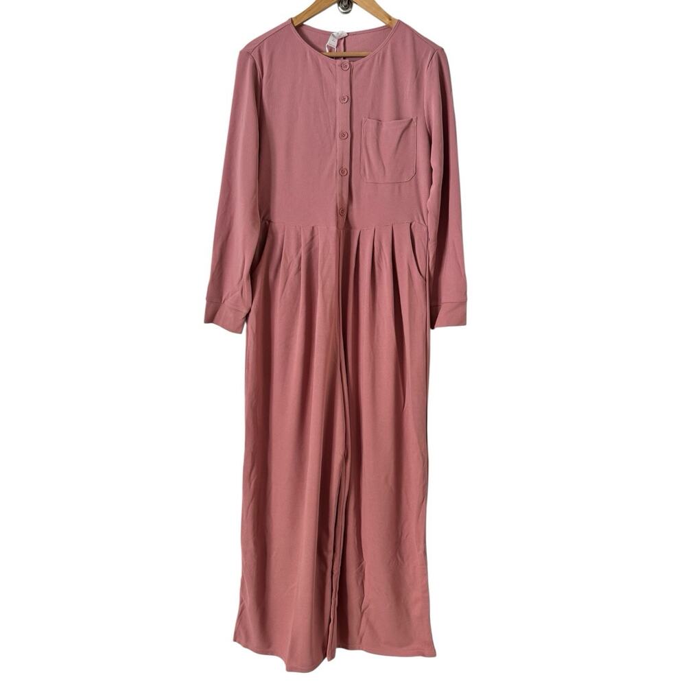 NWT Halara Pink Waffle Knit Wide Leg Pleated Long Sleeve Jumpsuit Size Small